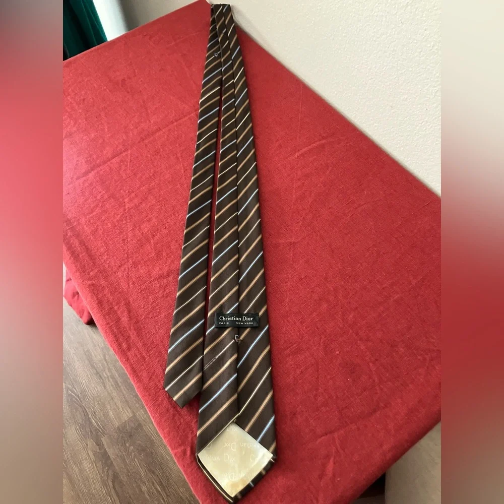 Vintage '70s/'80s Christian Dior Striped Neck Tie Logo Monogram Brown Blue